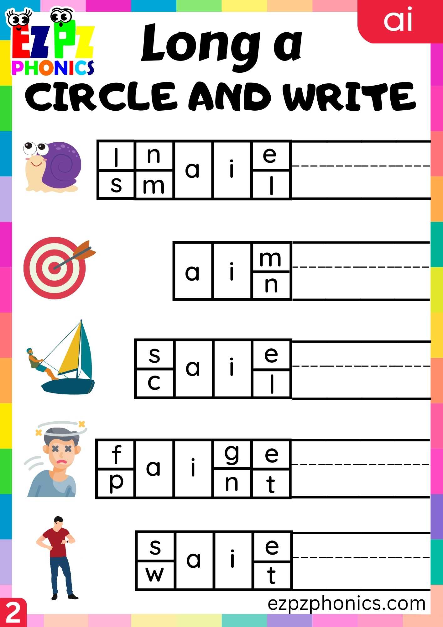 Group2 Ai Words Circle And Write Long A Phonics Worksheet